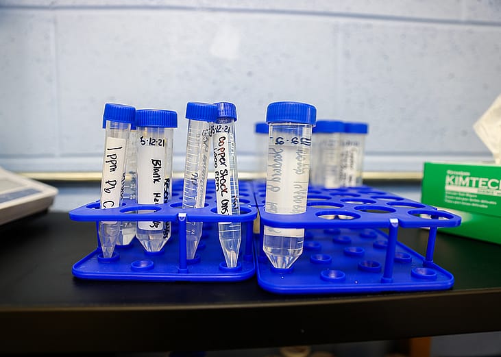 Water samples in test tubes in the Flint Community Water Lab in Michigan.