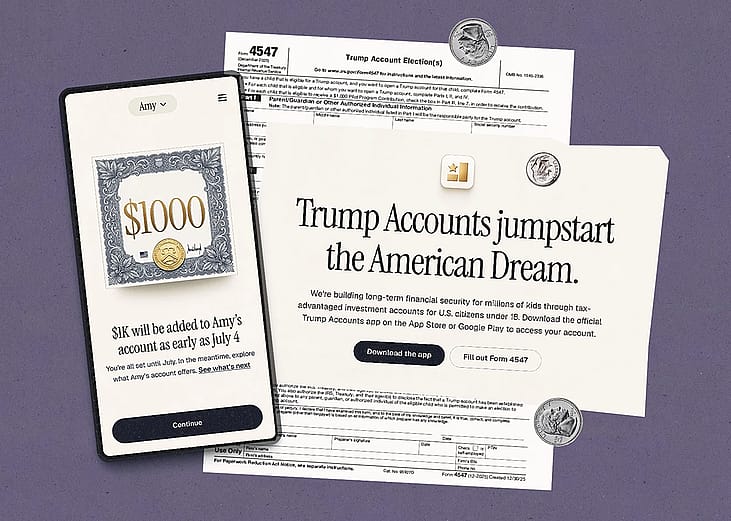 A custom illustration showing Trump Account creation requirements such as Form 4547 and the Amy app.