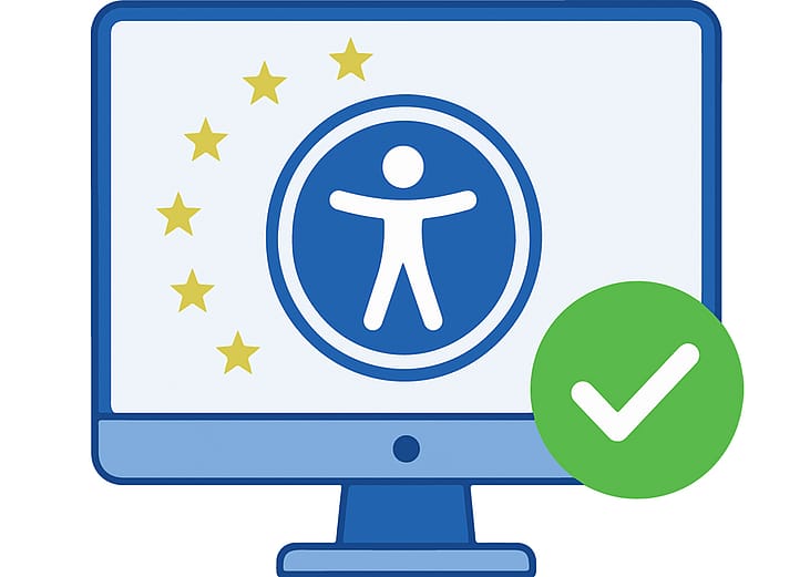 A vector illustration of the European Accessibility Act computer icon with a compliance checkmark.
