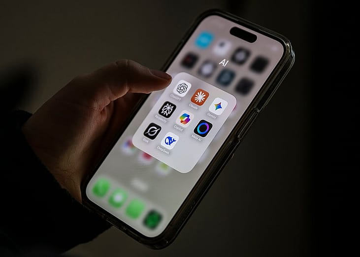 Different AI applications displayed from a smartphone's screen, from ChatGPT, Claude, Gemini, Perplexity, Microsoft Copilot, Meta AI, Grok to DeepSeek. 