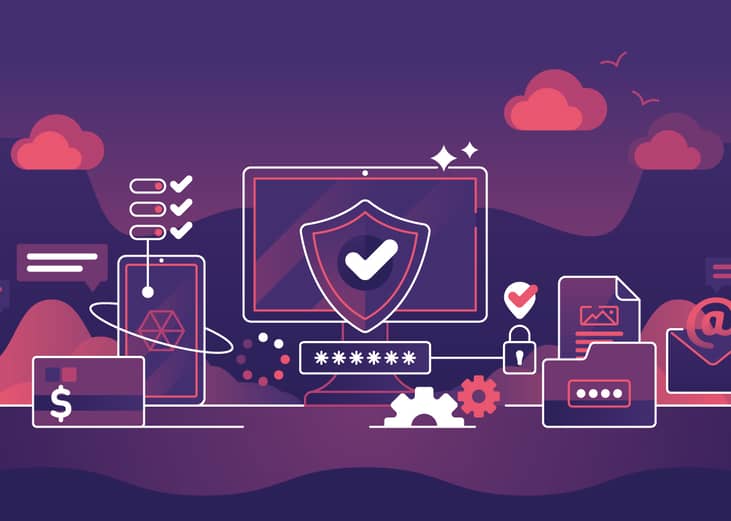A purple and pink vector illustration for the concept of cybersecurity.