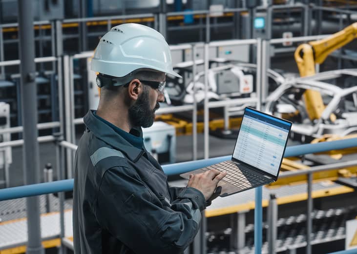 An industrial engineer working on a vehicle production spreadsheet from his laptop at a manufacturing facility.