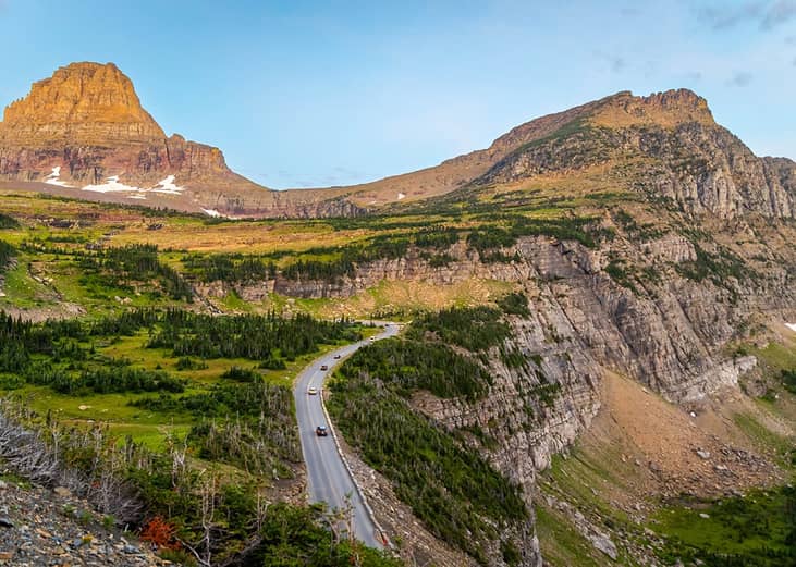 A scenic view of the Going-to-the-Sun Road captured from the Highline trail in Glacier National Park, Montana, USA.