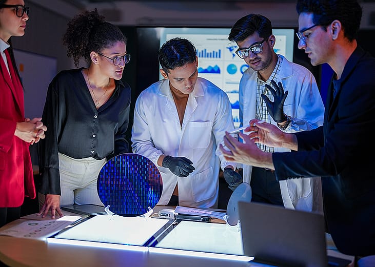 A diverse engineering research group working on a project.