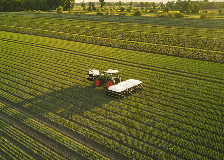 Aerial view of Ecorobotix machine working in a green field.