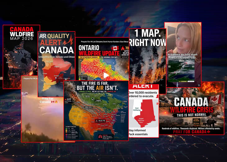 A compilation of images showing the 2026 Canada wildfire crisis, with AI-generated video clips and sensationalized graphics tha circulated on social media.