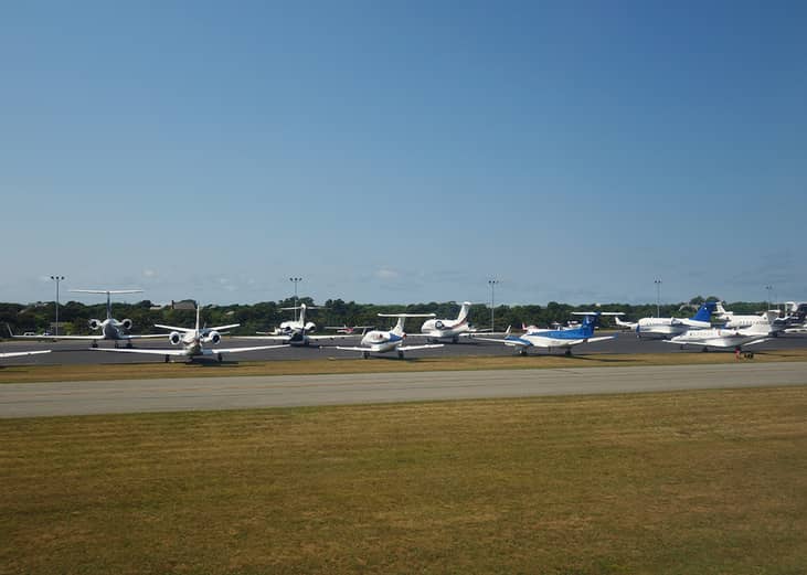 Private jets parked at Nantucket island's memorial airport in Massachusetts, USA.