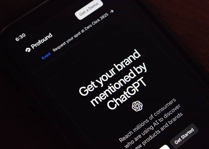 A smartphone screen showing Profound's marketing tool offering through ChatGPT.