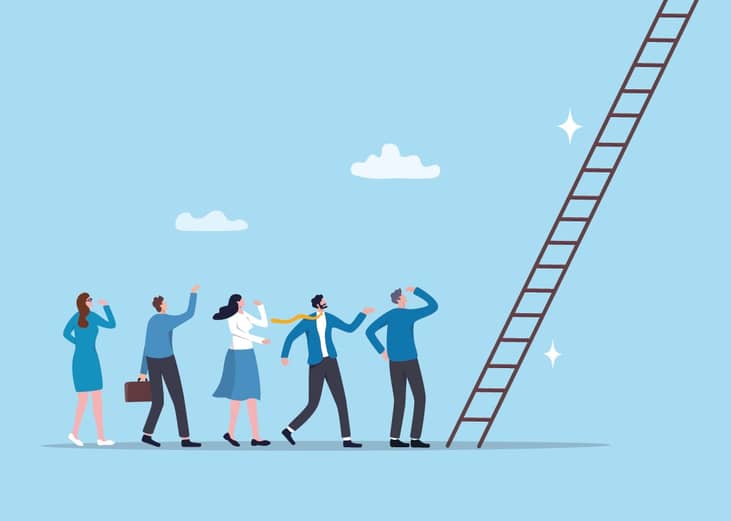 A vector illustration showing office workers standing at the bottom of a ladder, signifying a corporate growth or promotion concept.
