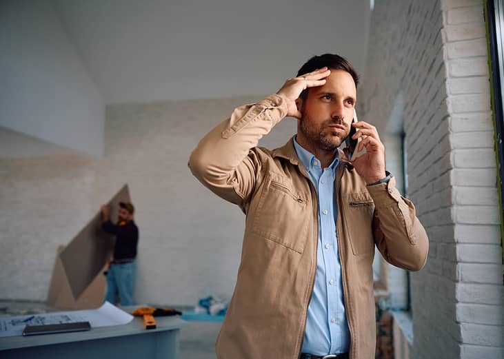 A displeased man taking a phone call during a home renovation.