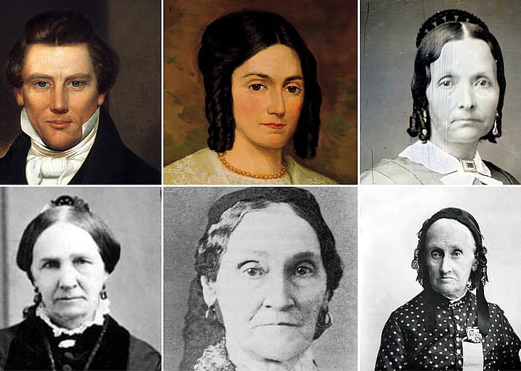 Composite image including 6 portraits showing Joseph Smith, top left, and some of his reported wives, clockwise from top middle: Emma Hale Smith; Eliza R. Snow; Martha McBride (Knight Smith Kimball); Marinda Nancy Johnson (Hyde Smith); and Zina Diantha Huntington Jacobs (Smith Young).
