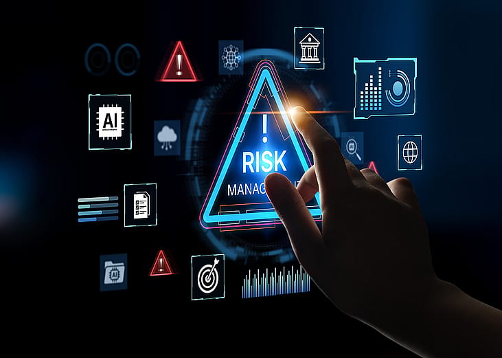 A futuristic risk management concept of AI agents analyzing assessment, compliance, and cyber resilience.