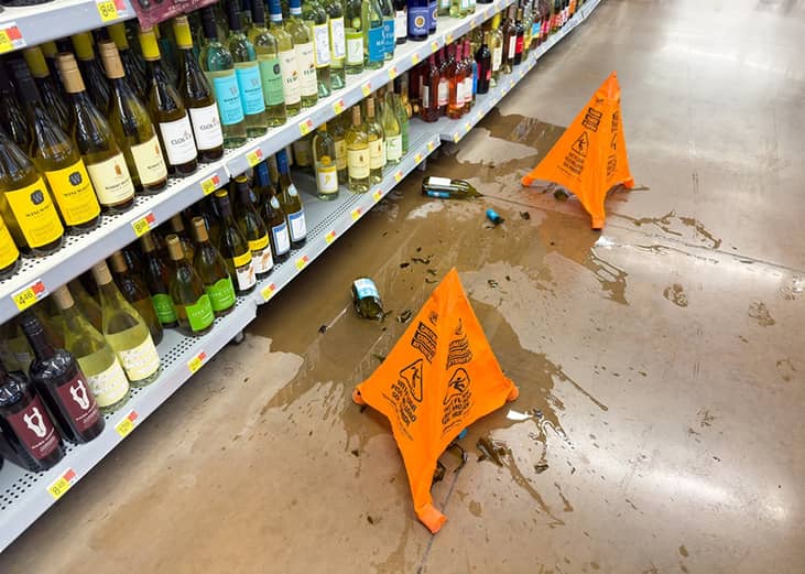 Broken wine bottles seen on the floor and cone-shaped wet floor signs on the sides in a local supermarket.
