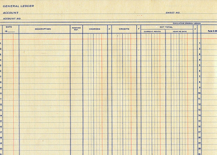 A vintage blank page of an accounts payable general ledger.
