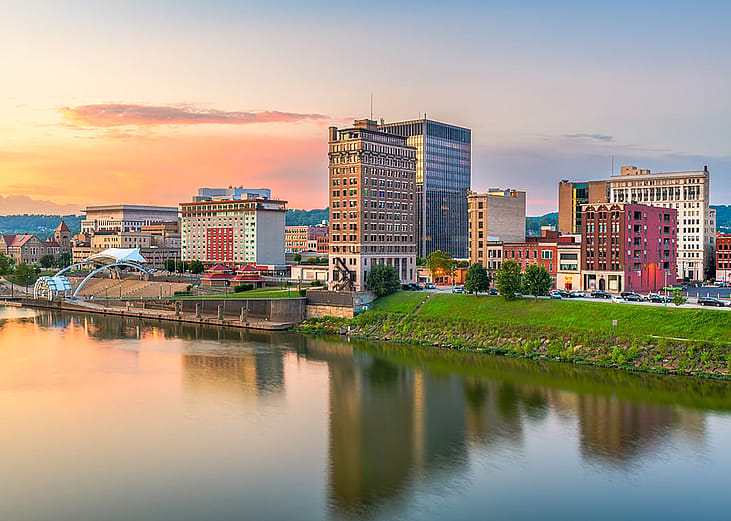 A view of the city skyline and Kanawha River in Charleston, West Virginia.