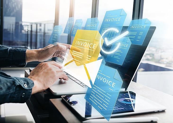 A conceptual image of invoice organization software for business.