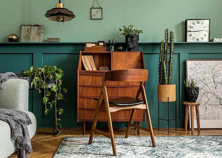 A cozy modern and retro interior design of a work space at home.