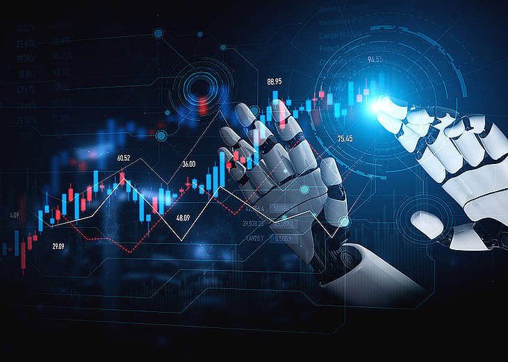 Robotic hands identifying trading and stock charts as a concept of an AI trading agent.