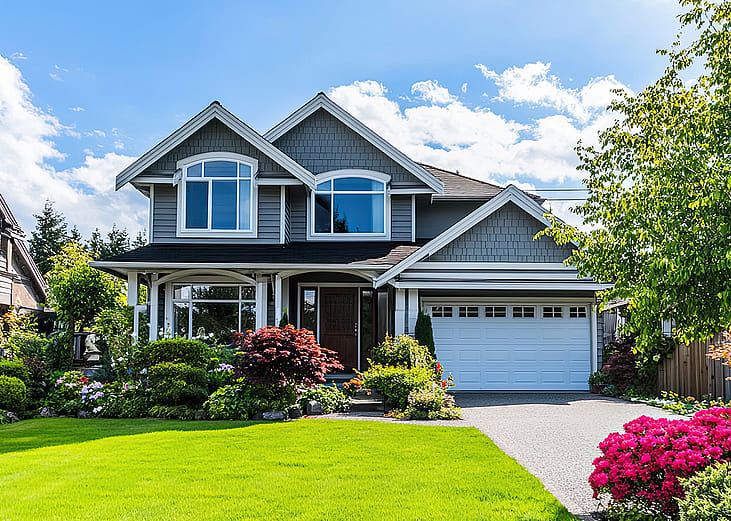A two-story suburban home with a wide front yard.