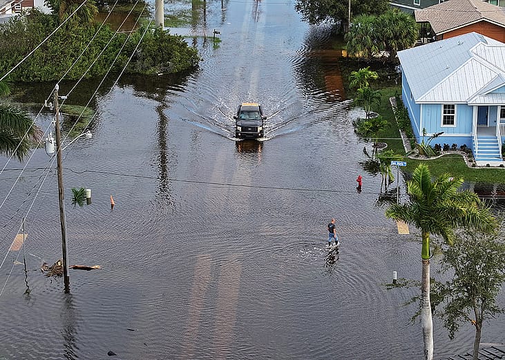 An aerial view of a flooded neighborhood after the onslaught of Hurricane Milton in Punta Gorda, Florida, USA.