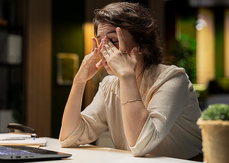 An exhausted professional rubbing her eyes to stay awake after a long work session.