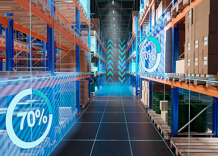 An automated warehouse showing industrial shelves with percentage overlays for inventory metrics.