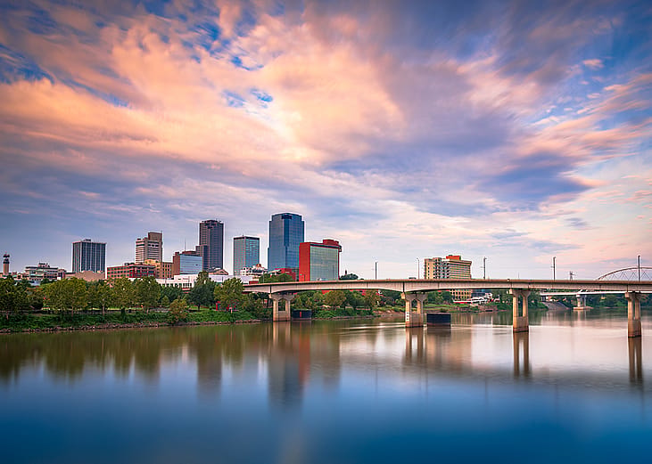 A skyline view seen on the river at twilight in Little Rock, Arkansas, USA.