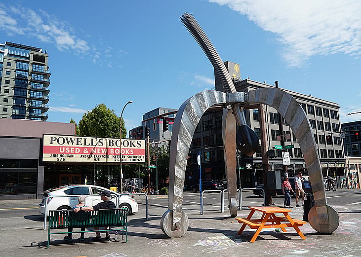A view of the Pod modern sculpture seen in front of Powell's City of Books in Portland, Oregon, USA.
