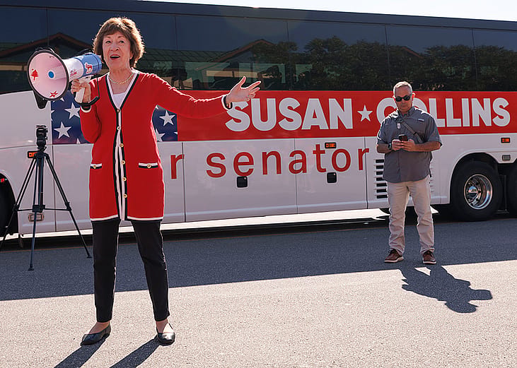 U.S. Sen. Susan Collins (R-ME) greets supporters outside the Kittery Trading Post, the first stop of a weekend re-election campaign bus tour of the state of Maine, on August 14, 2026 in Kittery, Maine. 