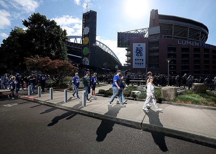 Fans making their way to the NFL 2025 game between Tampa Bay Buccaneers and Seattle Seahawks at Lumen Field on October 05, 2025 in Seattle, Washington.