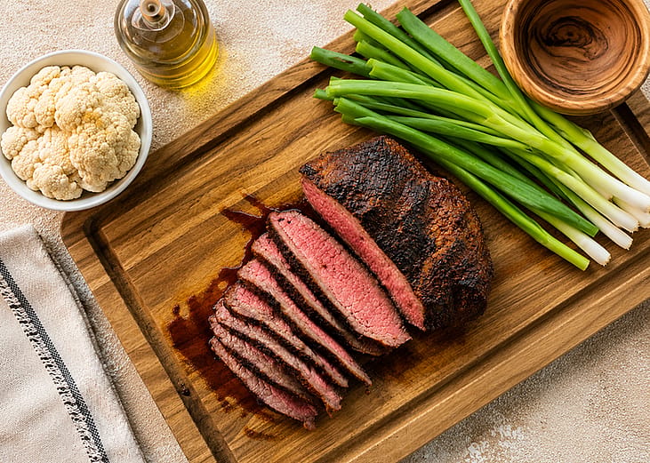 A Blackened Santa Maria Tri-Tip steak served on a wooden board with fresh scallions, bowl of cauliflower, and oil on the sides.