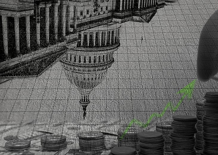 Conceptual illustrations depicting relationships of stock market, Congress, and insider trading.