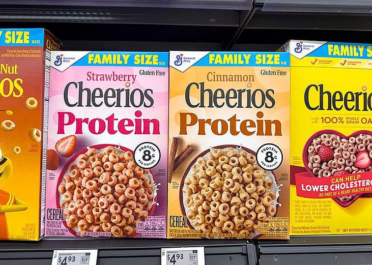 Boxes of Cheerios Protein cereal arranged on a store shelf in a supermarket.
