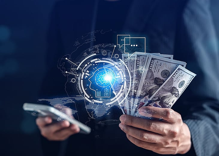 Conceptual image of a businessman using AI technology to generate more income.