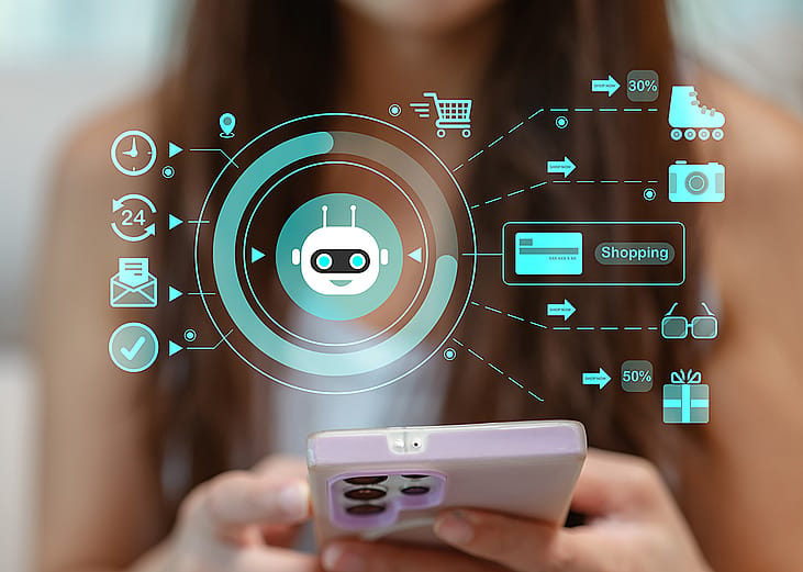 Woman using phone illustrated with conceptual graphics of AI-assisted online shopping.