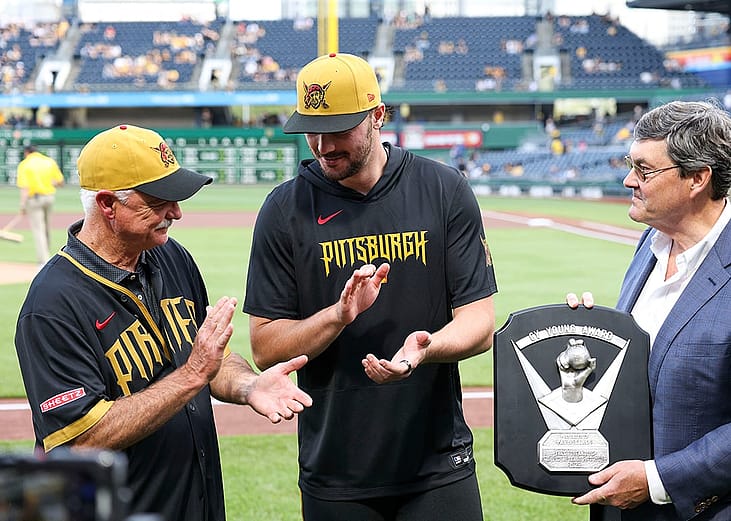 Doug Drabek looks on as Pittsburgh Pirates owner Bob Nutting presents Paul Skenes #30 of the Pittsburgh Pirates with the 2025 Cy Young award prior to the game between the Tampa Bay Rays and the Pittsburgh Pirates at PNC Park on Friday, April 17, 2026 in Pittsburgh, Pennsylvania.