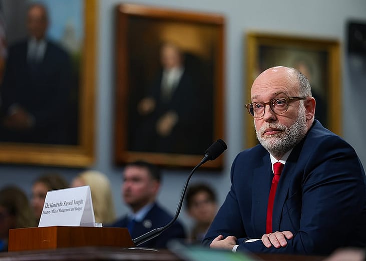 U.S. White House Office of Management and Budget Director Russell Vought testifying before a House Appropriations subcommittee on Capitol Hill in Washington, DC.