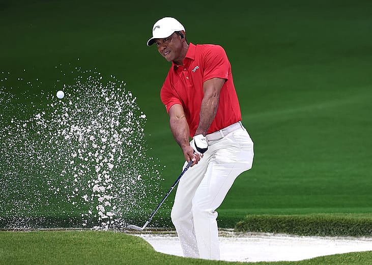 Tiger Woods of Jupiter Links Golf Club plays a shot from a bunker on the eighth hole during the match against the Los Angeles Golf Club at SoFi Center on March 24, 2026 in Palm Beach Gardens, Florida.