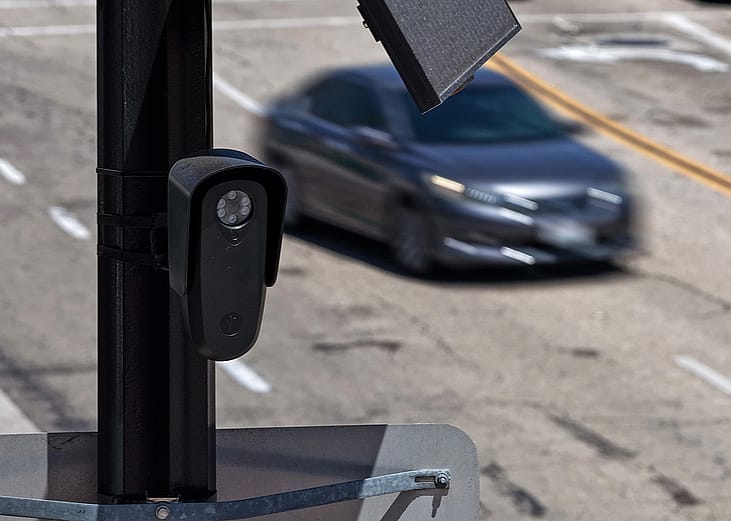A Flock Safety camera mounted to a light pole in Burbank, California.