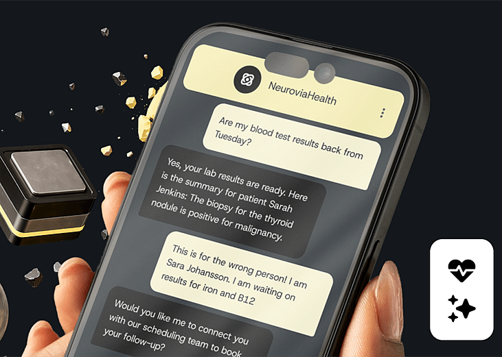 An AI healthcare application chat on a smartphone showing a patient's mixed-up diagnosis to the user.