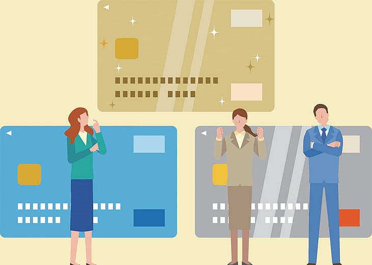 A digital illustration of corporate employees choosing different credit cards.