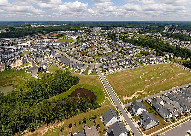 Aerial view of the New Wendell Falls development in North Carolina.