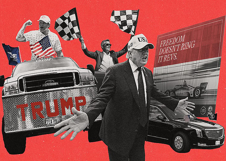 A custom collage featuring Donald Trump alongside elements of car culture, racing flags, and a poster with the slogan 'Freedom doesn't ring, it revs!'.