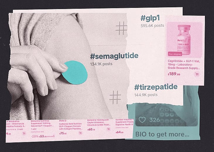 A custom collage featuring elements of administering semaglutide and navigating its social media trends and data.