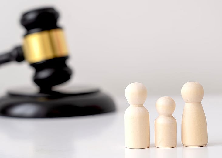 Small family figures and a wooden gravel at the back, representing legal family matters.