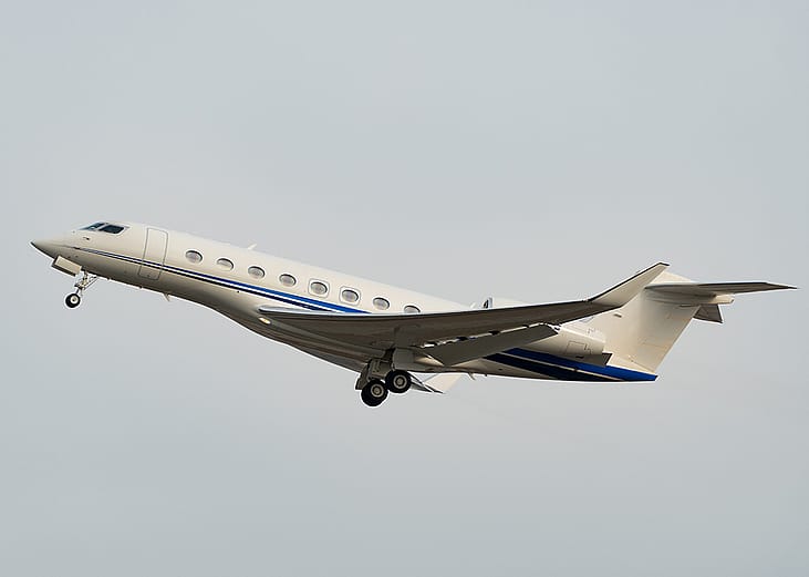 A N-870PS Gulfstream G650ER business jet taking off during the world economic forum in Davos, Switzerland.