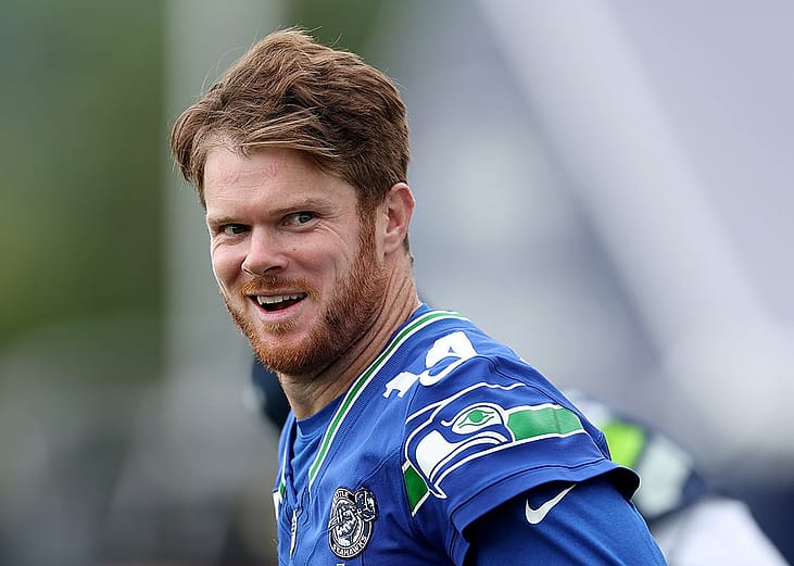 Sam Darnold #14 of the Seattle Seahawks works out during practice at Virginia Mason Athletic Center on June 04, 2026 in Renton, Washington.