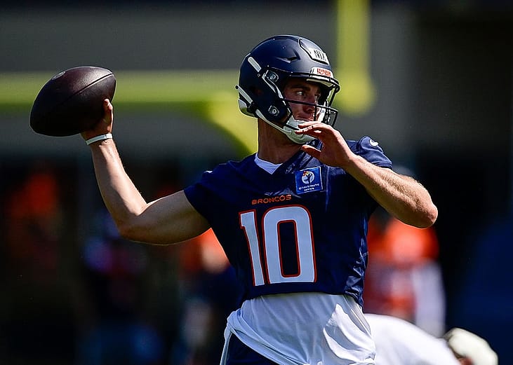 Bo Nix #10 of the Denver Broncos throws a pass during training camp at Broncos Park Powered by CommonSpirit on July 31, 2026 in Englewood, Colorado.