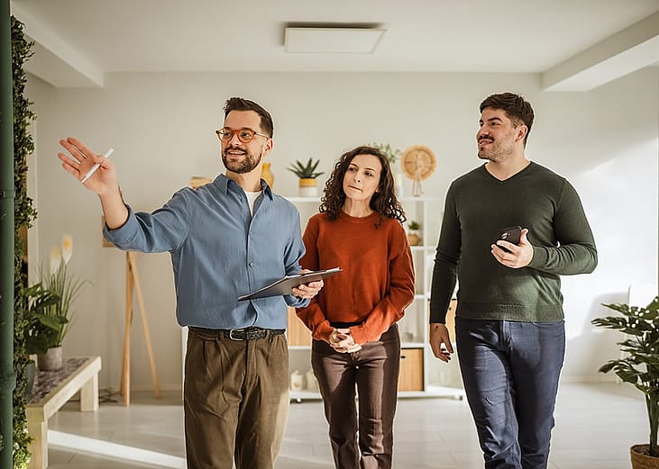 Real estate agent guiding a young couple through a new modern apartment.