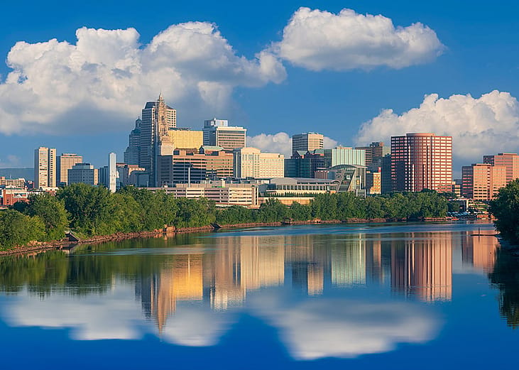 River and downtown skyline view of Hartford in Connecticut.